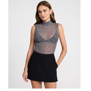 Express Black and White Sleeveless mesh mock neck bodysuit.